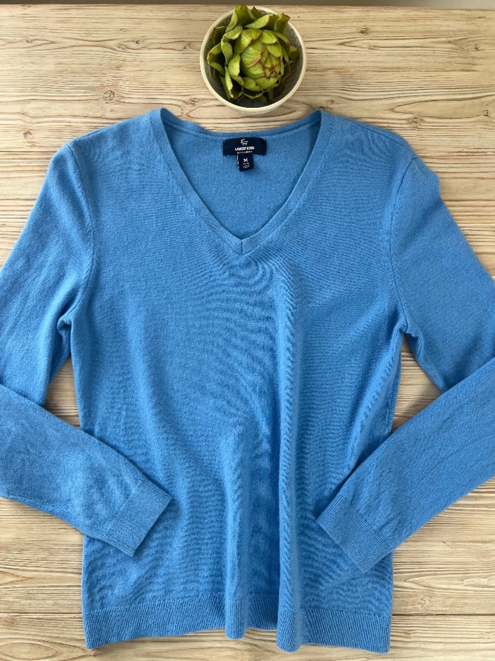 Lands’ End 100% Cashmere V-Neck Sweater Blue Medium